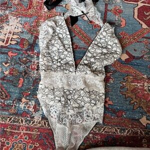 Victoria's Secret White and Black Lace Halter Bodysuit with Pink Tag
